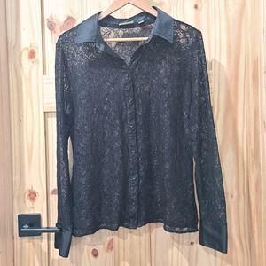 Eva Mendes Black Lace Sheer Long Sleeve Button Up Top Whimsygoth Dark Fairy LG